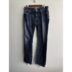 BKE Buckle Carter Jeans Mens Whisker Button Fly Blue Denim Straight 32L 32x33